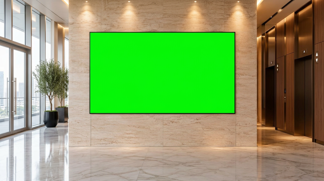 מסך LED מותקן על קיר אבן בלובי יוקרתי